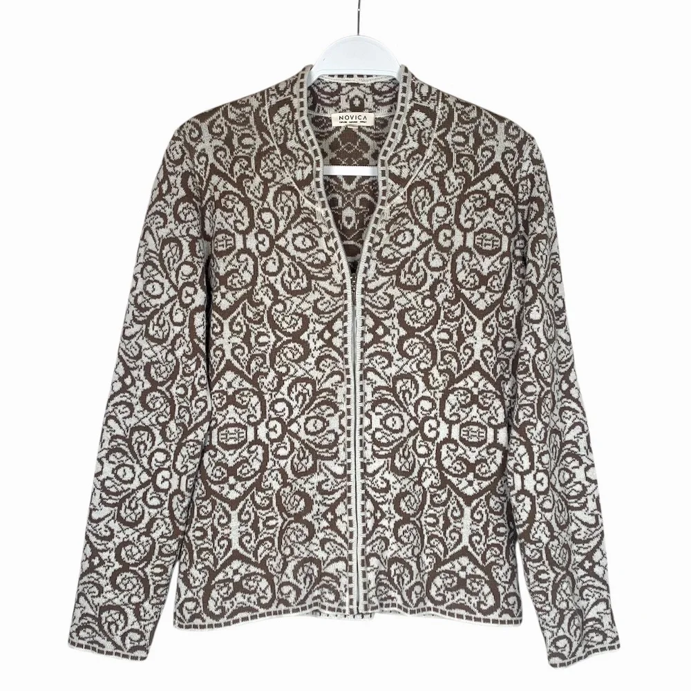 Novica Peru Alpaca Jauju Full Zip Sweater Brown Cream Cardigan Women's Small S